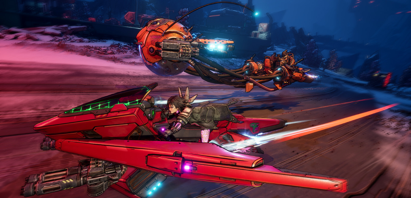 Borderlands 4 no Switch 2 mostra personagem com arma em cenário estilizado e explosivo