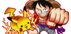 Ilustração do crossover entre One Piece e Pokémon com Luffy e Pikachu desenhados por Eiichiro Oda.
