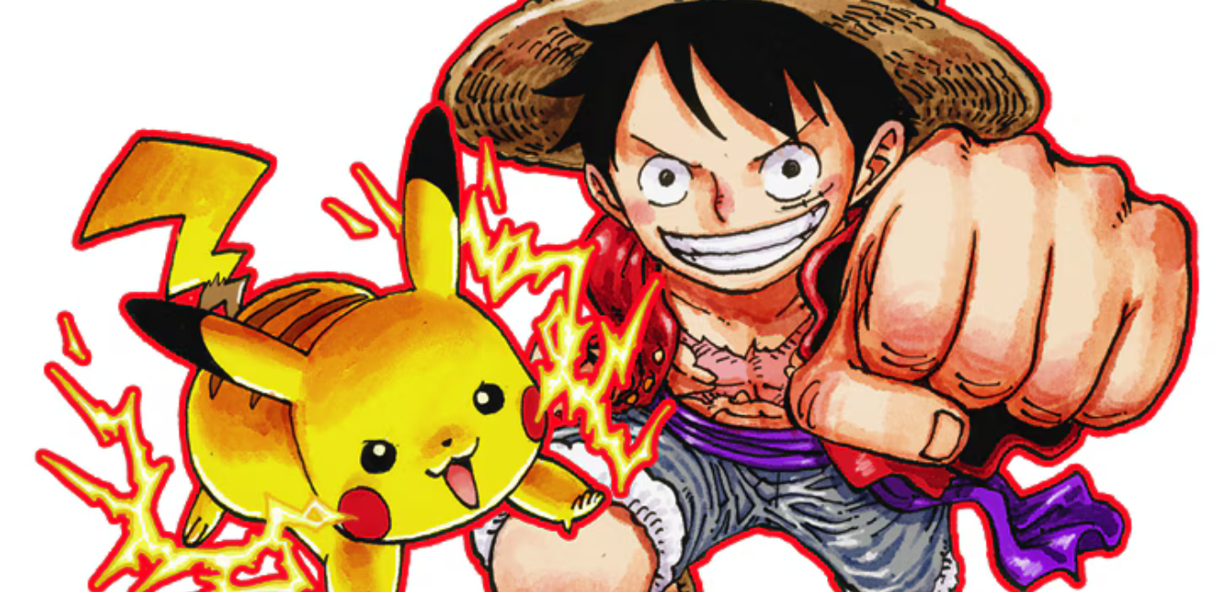 Ilustração do crossover entre One Piece e Pokémon com Luffy e Pikachu desenhados por Eiichiro Oda.